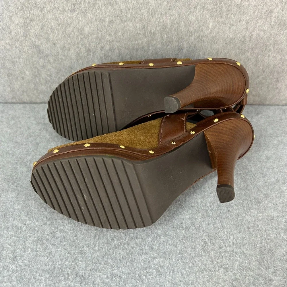 Tory Burch Bilson Heeled Clogs Shoes Brown Suede Leather Studded Womens Size 7